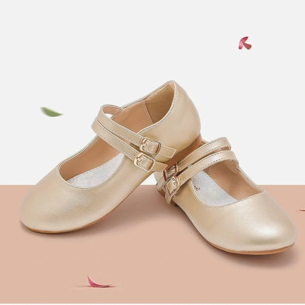 Girls Gold Mary Jane Double Strap Dress Shoes Size 2 Little Girl